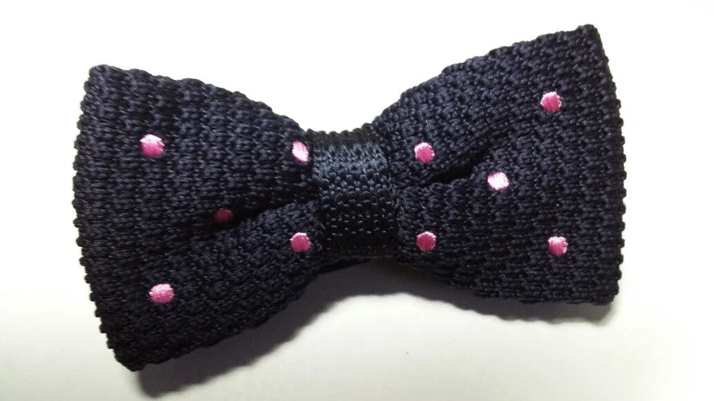 Navy Blue & Pink Polka Dot Knitted Bow Tie