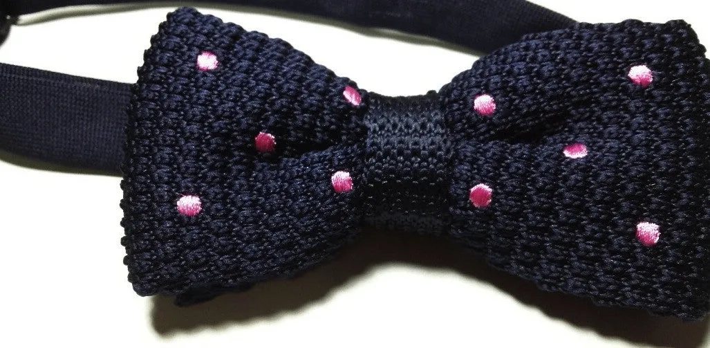 Navy Blue & Pink Polka Dot Knitted Bow Tie