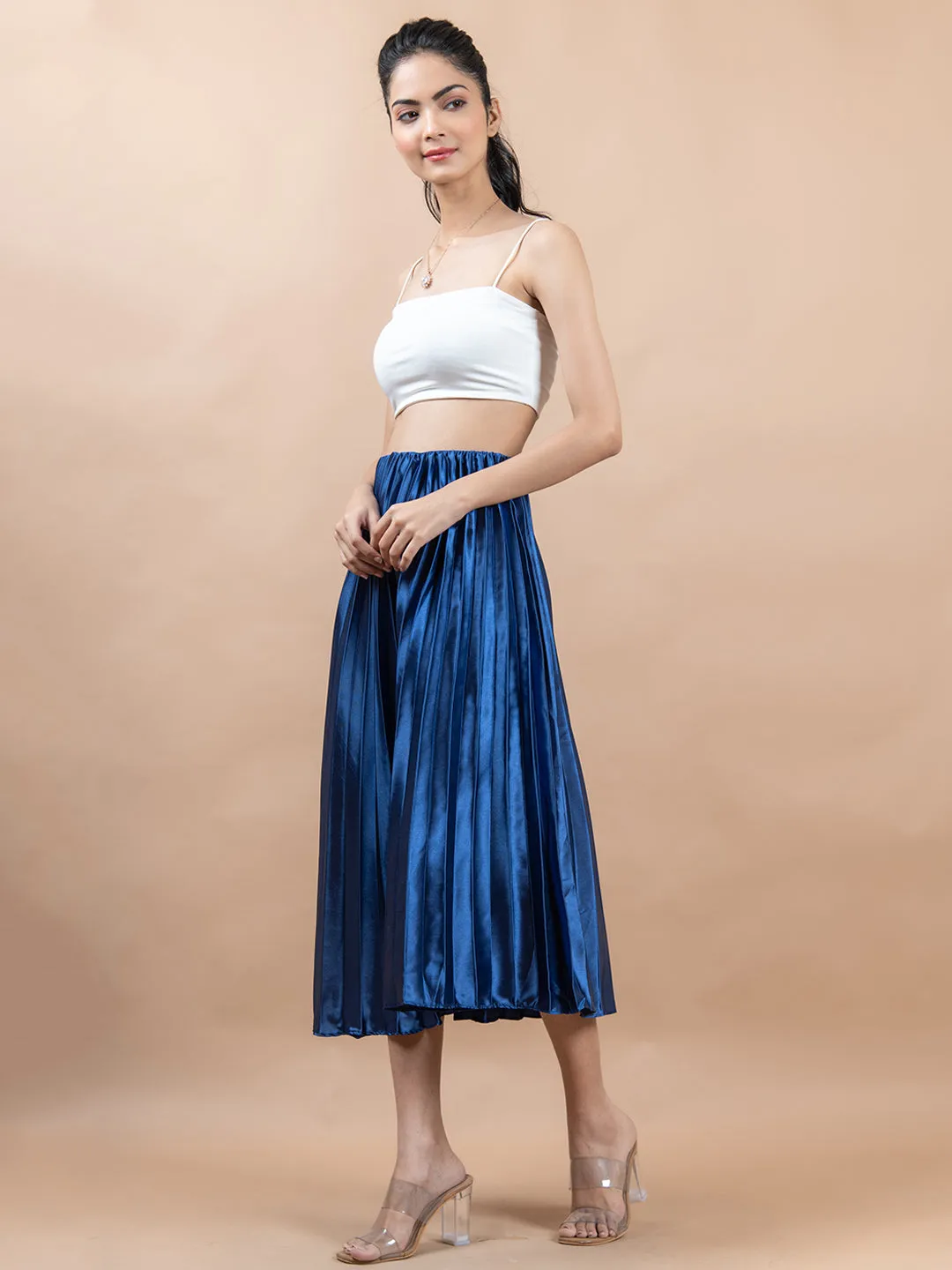 Navy Blue Flared Skirt with Accordion Pleats