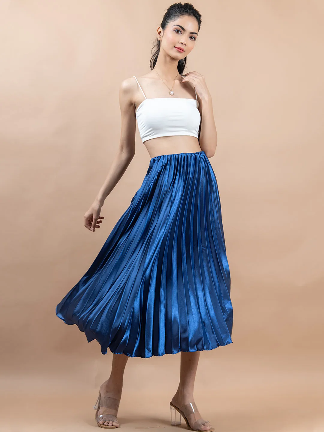 Navy Blue Flared Skirt with Accordion Pleats