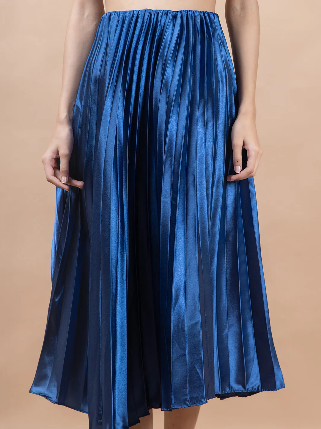 Navy Blue Flared Skirt with Accordion Pleats