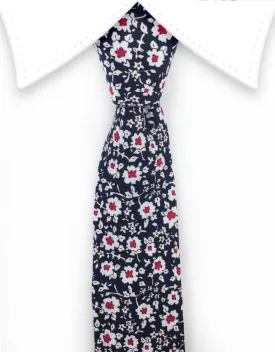 Navy Blue Skinny Tie with White & Red Flowers