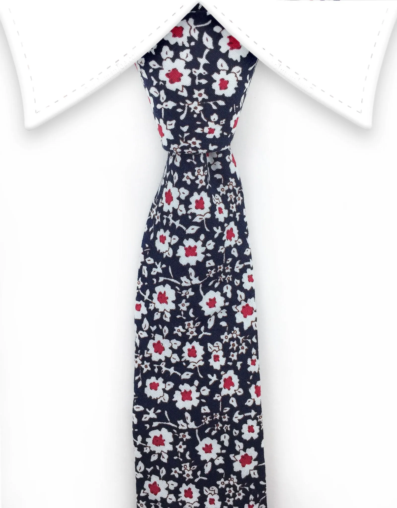 Navy Blue Skinny Tie with White & Red Flowers