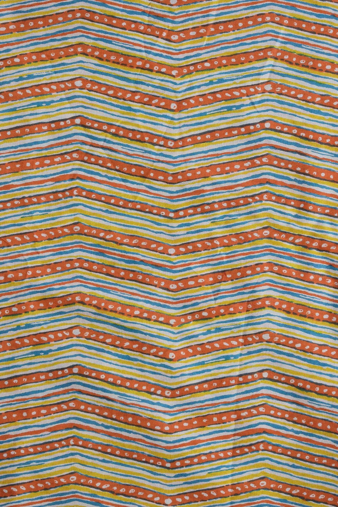 Orange And Blue Chevron Print On Pure Cotton Fabric