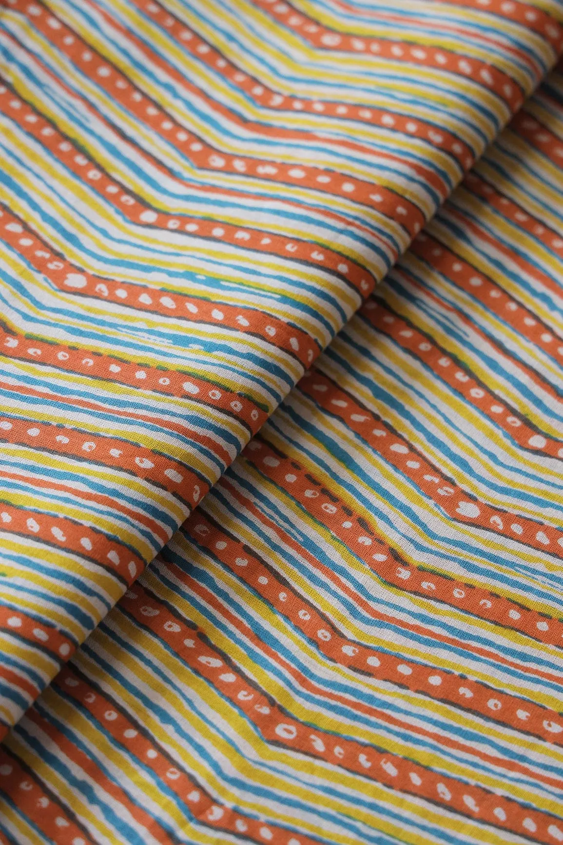 Orange And Blue Chevron Print On Pure Cotton Fabric