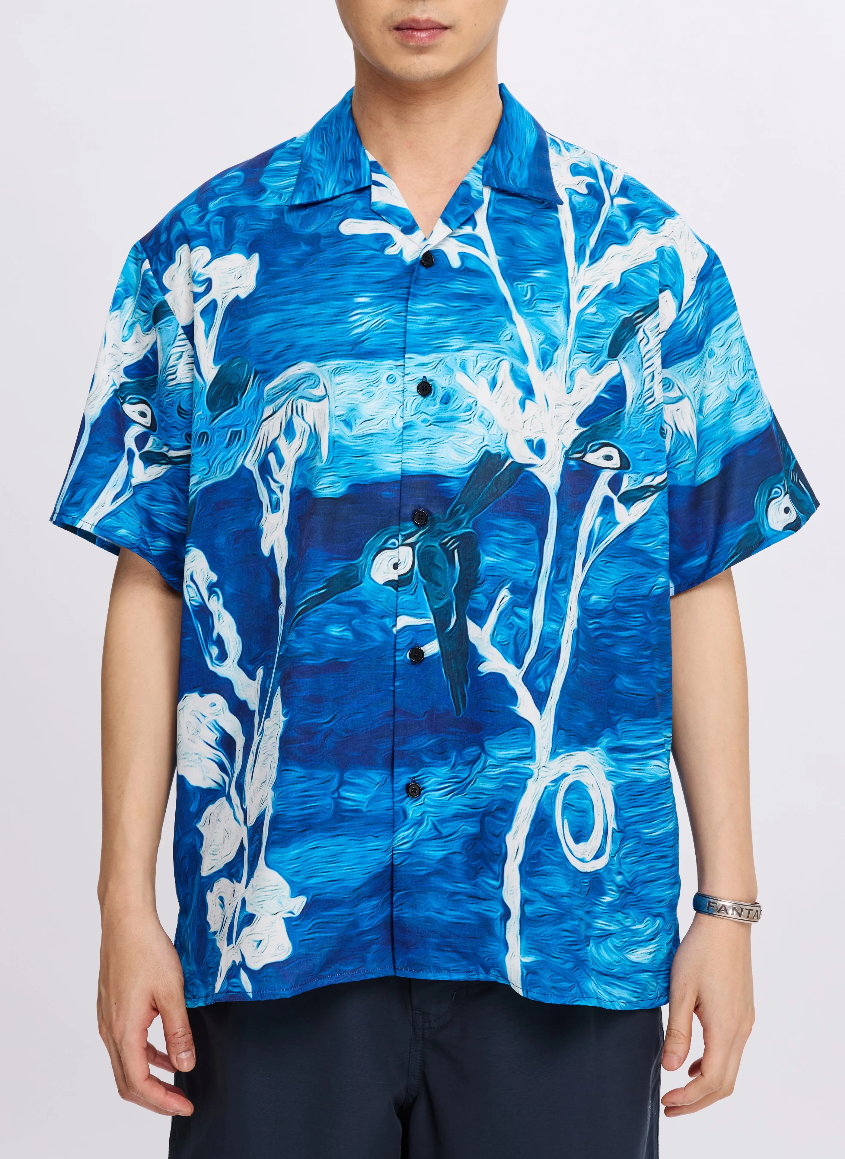 Polyester Indigo Oriental Short Sleeves Open Collar Shirt