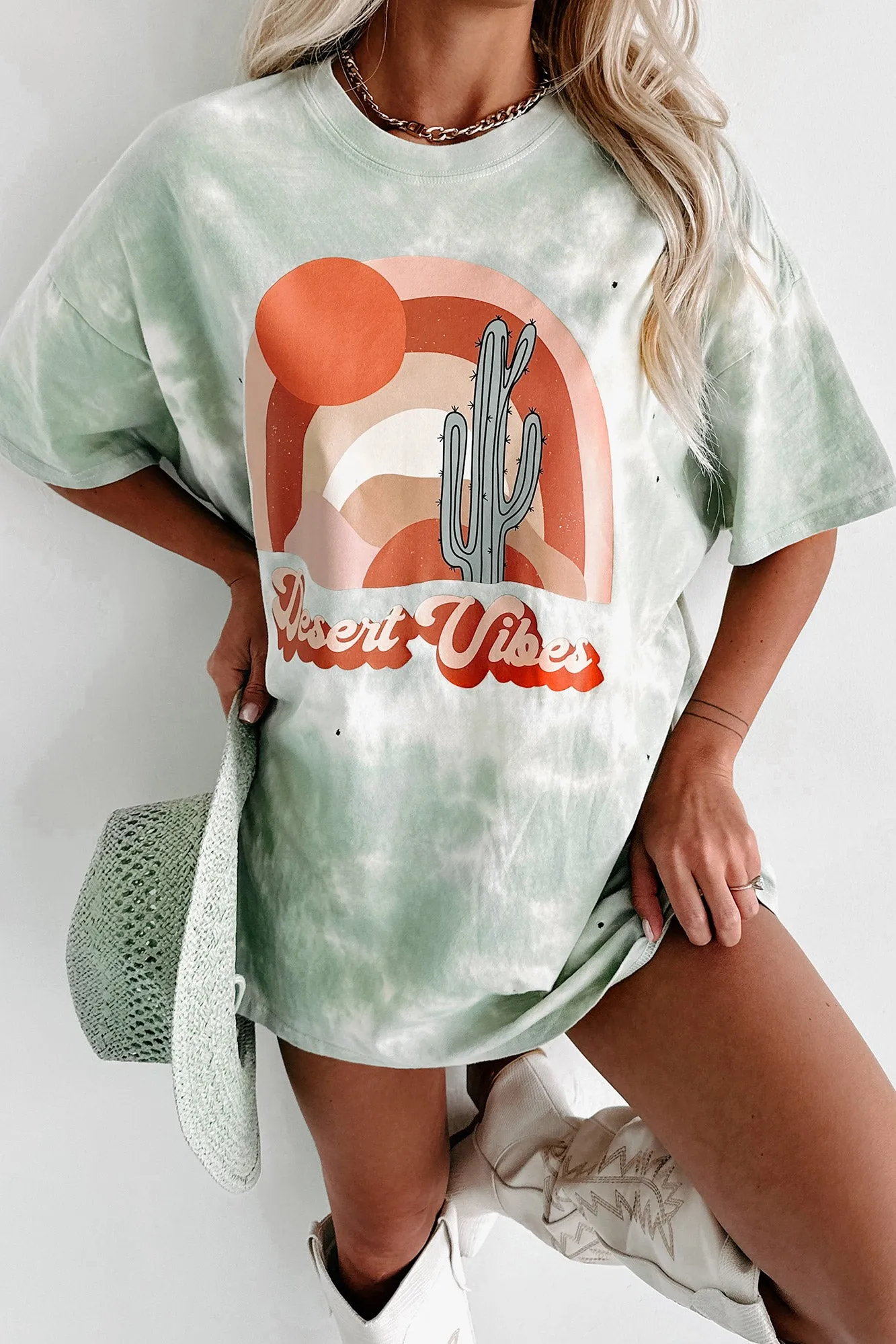 "Desert Dusk" Oversized Distressed Tie-Dye Graphic T-Shirt (Pastel Green) - Print On Demand