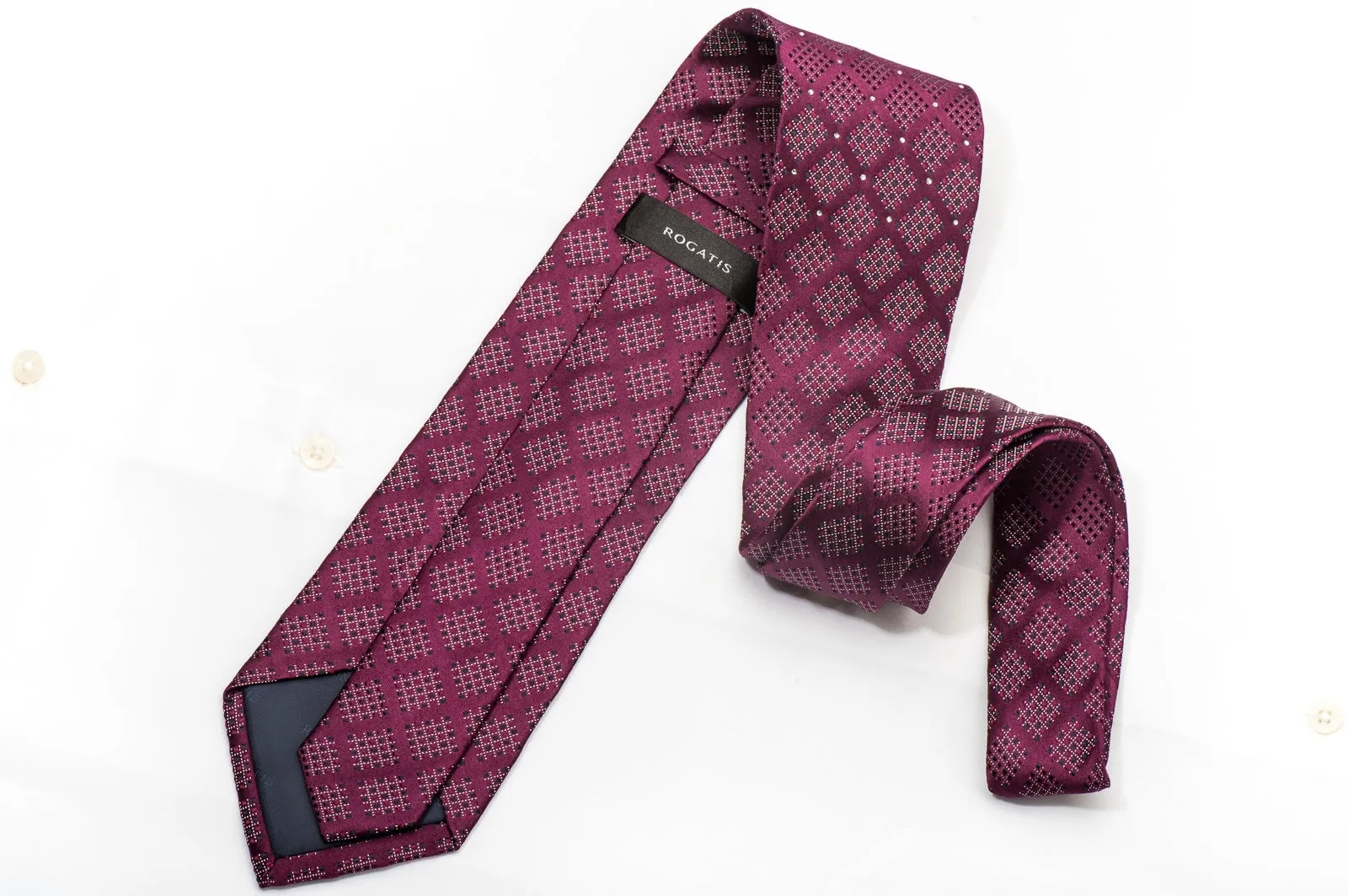 Rogatis Men's Silk Necktie Checked Design On Burgundy With Crystal Rhinestones