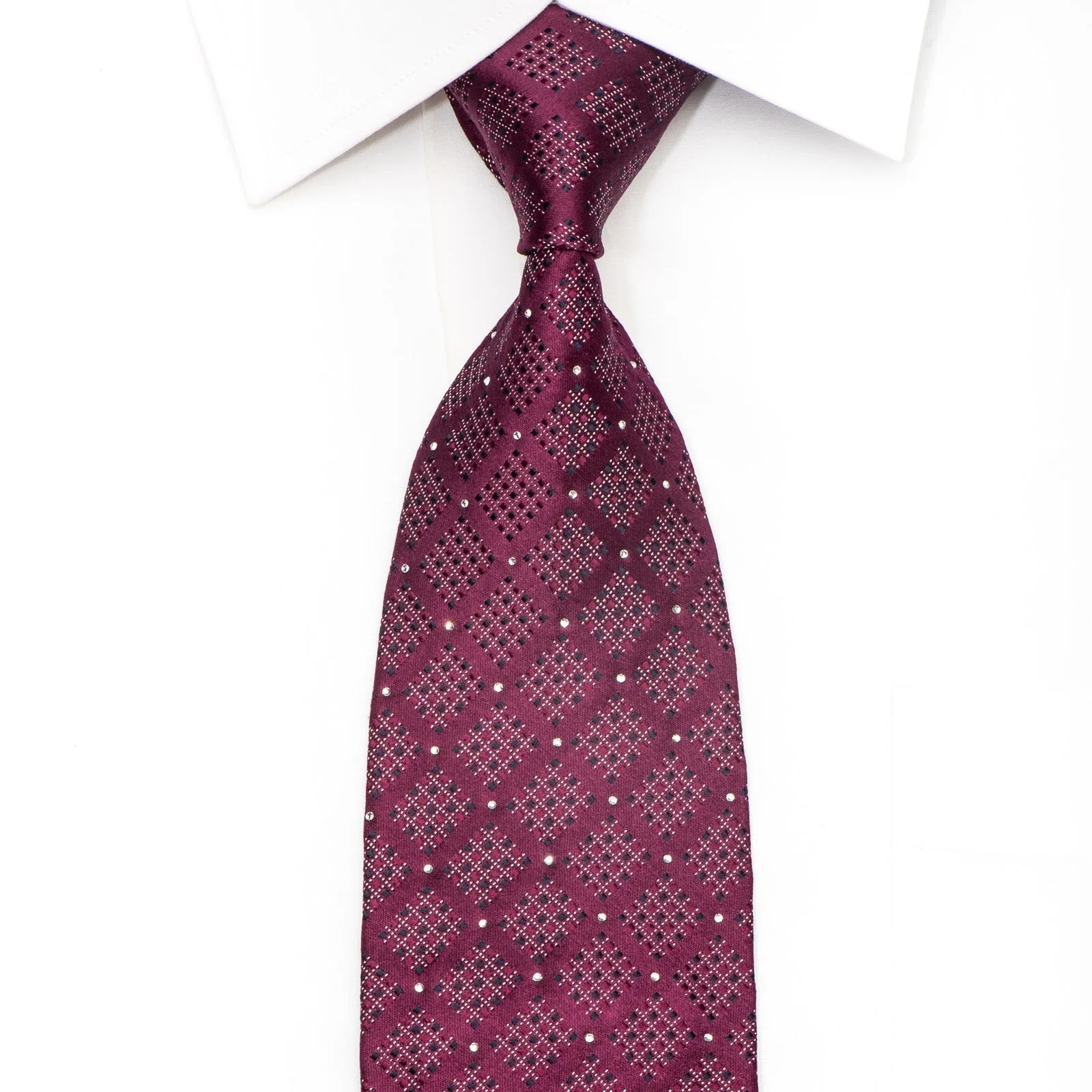 Rogatis Men's Silk Necktie Checked Design On Burgundy With Crystal Rhinestones