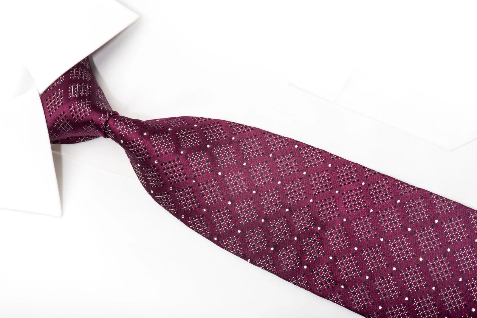 Rogatis Men's Silk Necktie Checked Design On Burgundy With Crystal Rhinestones