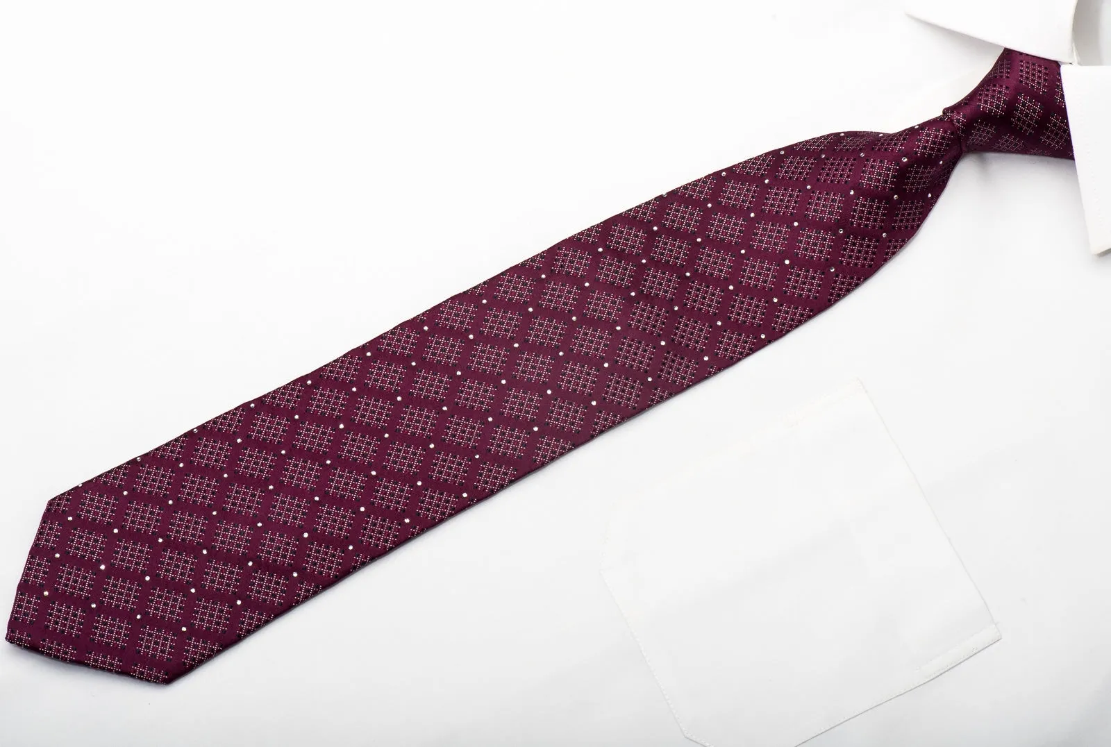 Rogatis Men's Silk Necktie Checked Design On Burgundy With Crystal Rhinestones