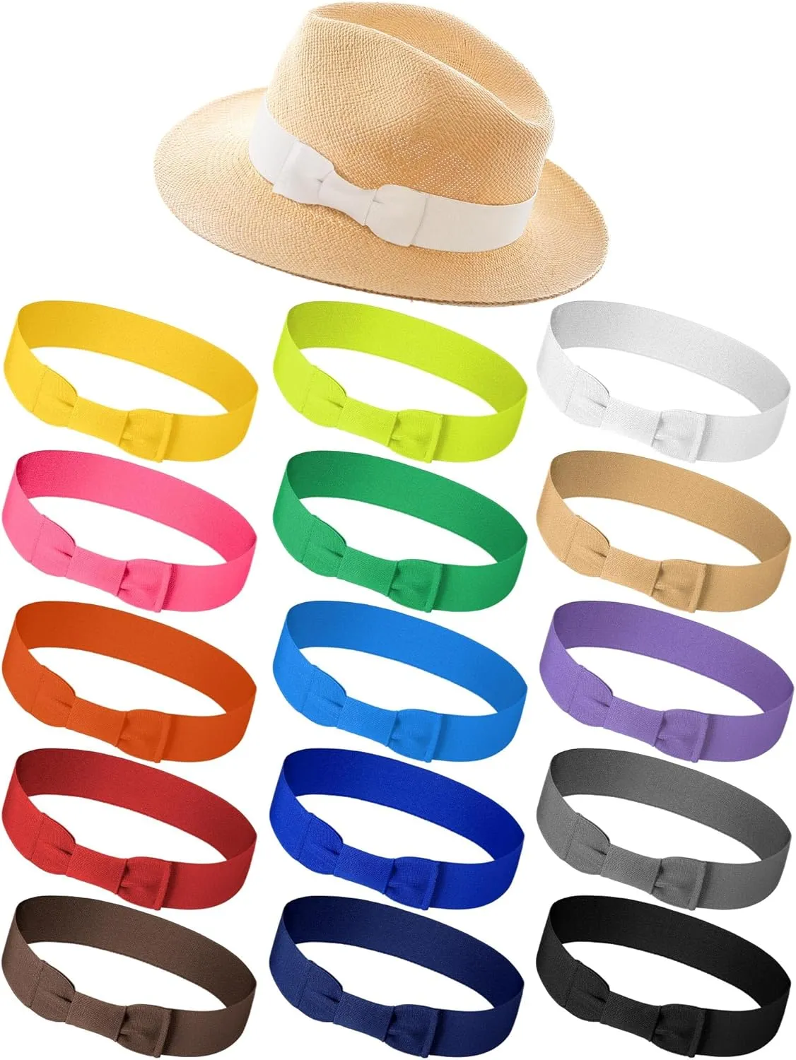 Tigeen 15 Pcs Bow Tie Stretchable Hat Band for Women Assorted Hat for Western Fedora Panama Straw Headwear Accessories