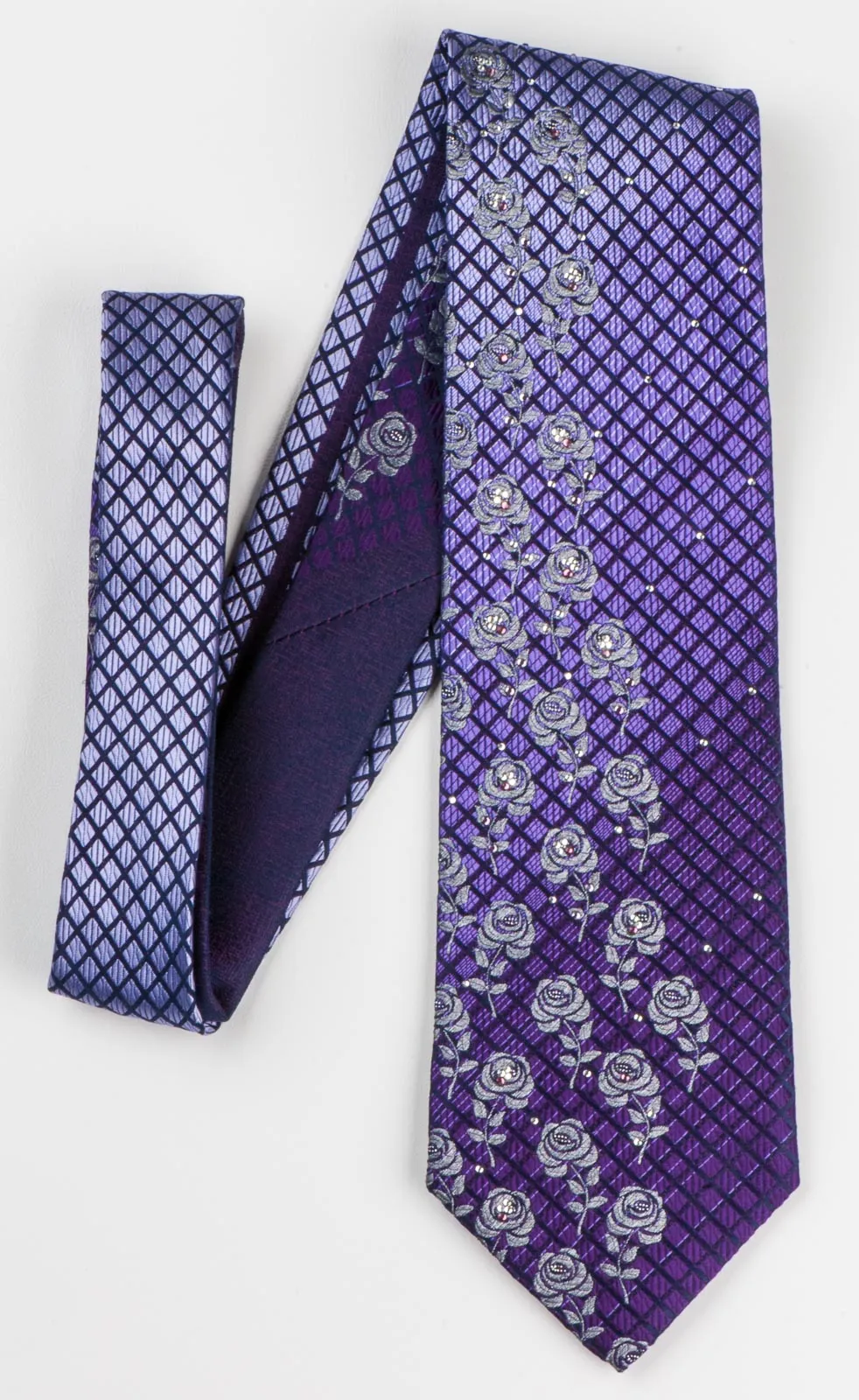 TLS Men's Rhinestone Silk Neck Tie Silver Floral Roses On Purple Checked With White Rhinestones