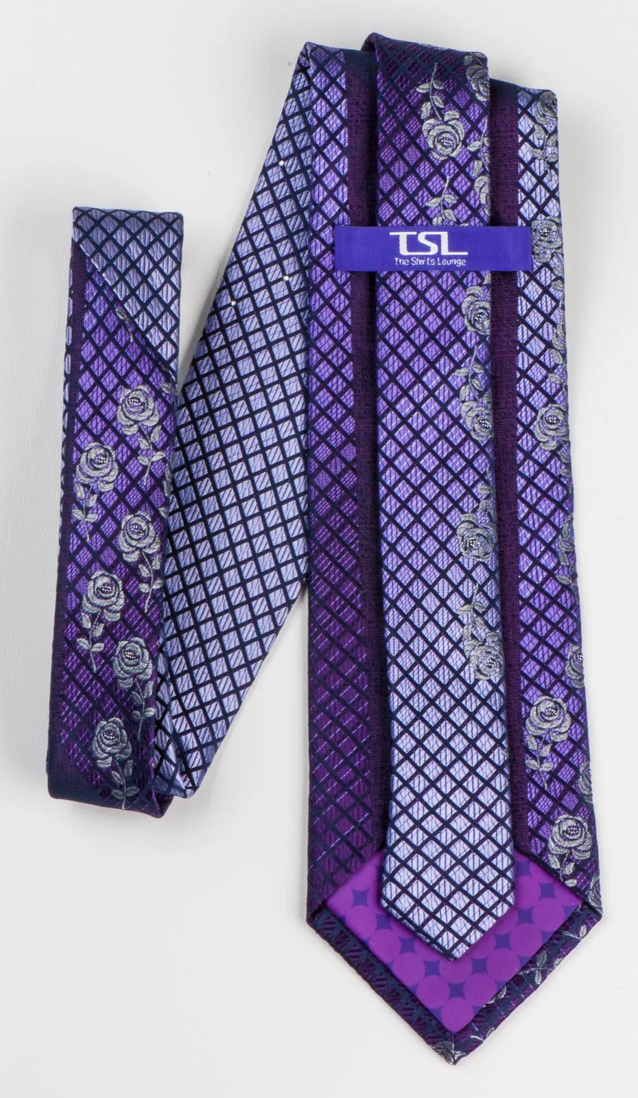 TLS Men's Rhinestone Silk Neck Tie Silver Floral Roses On Purple Checked With White Rhinestones
