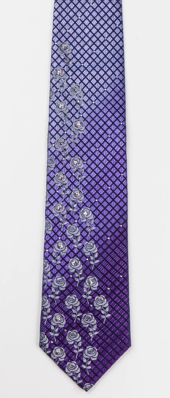 TLS Men's Rhinestone Silk Neck Tie Silver Floral Roses On Purple Checked With White Rhinestones