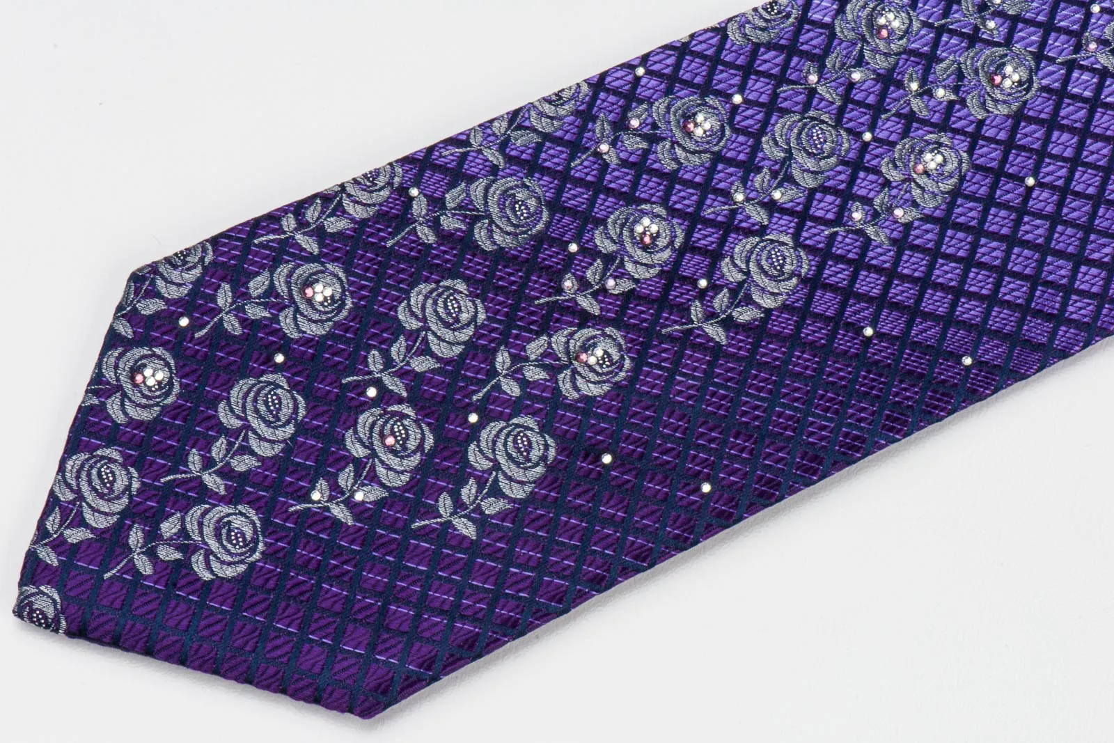 TLS Men's Rhinestone Silk Neck Tie Silver Floral Roses On Purple Checked With White Rhinestones