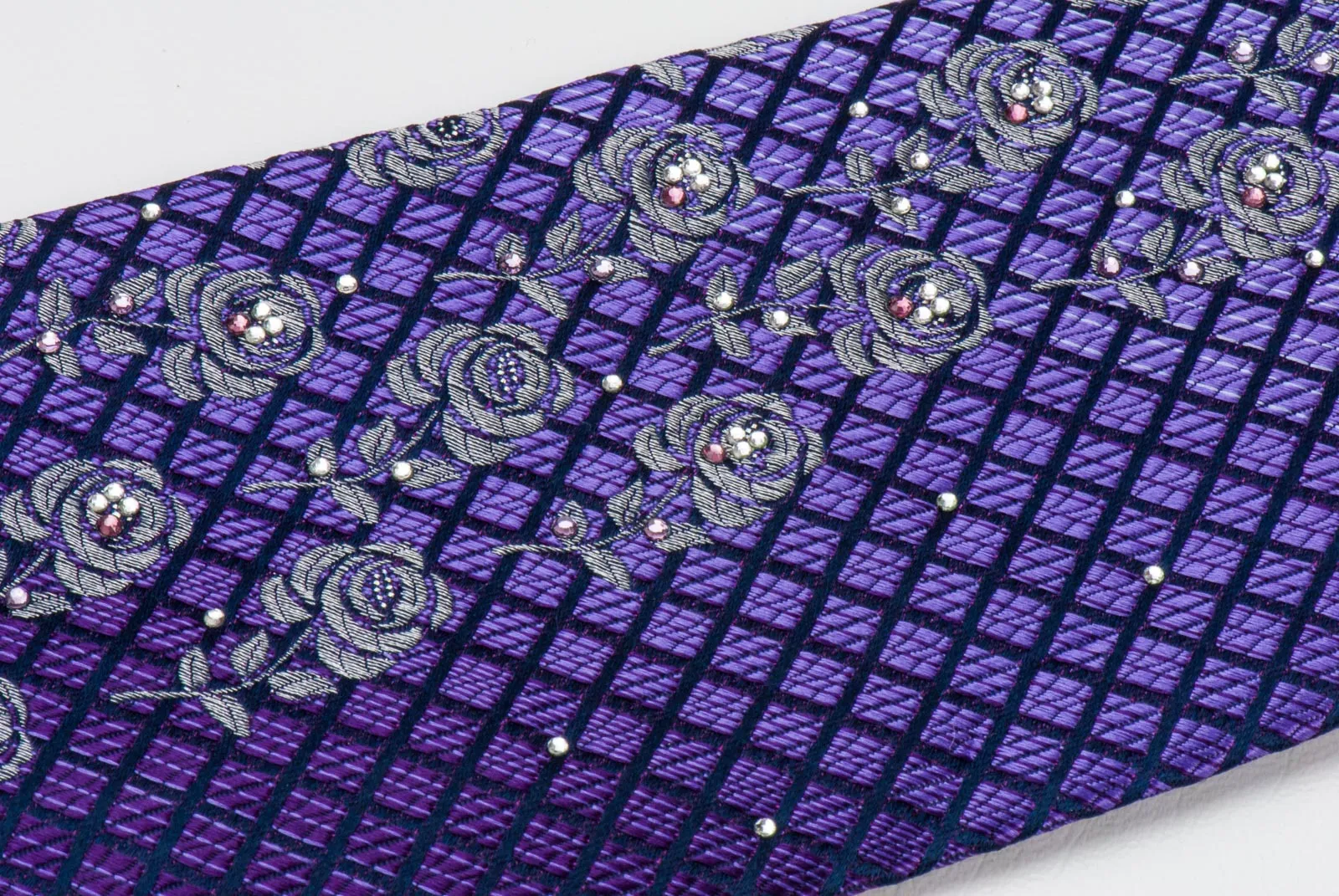 TLS Men's Rhinestone Silk Neck Tie Silver Floral Roses On Purple Checked With White Rhinestones