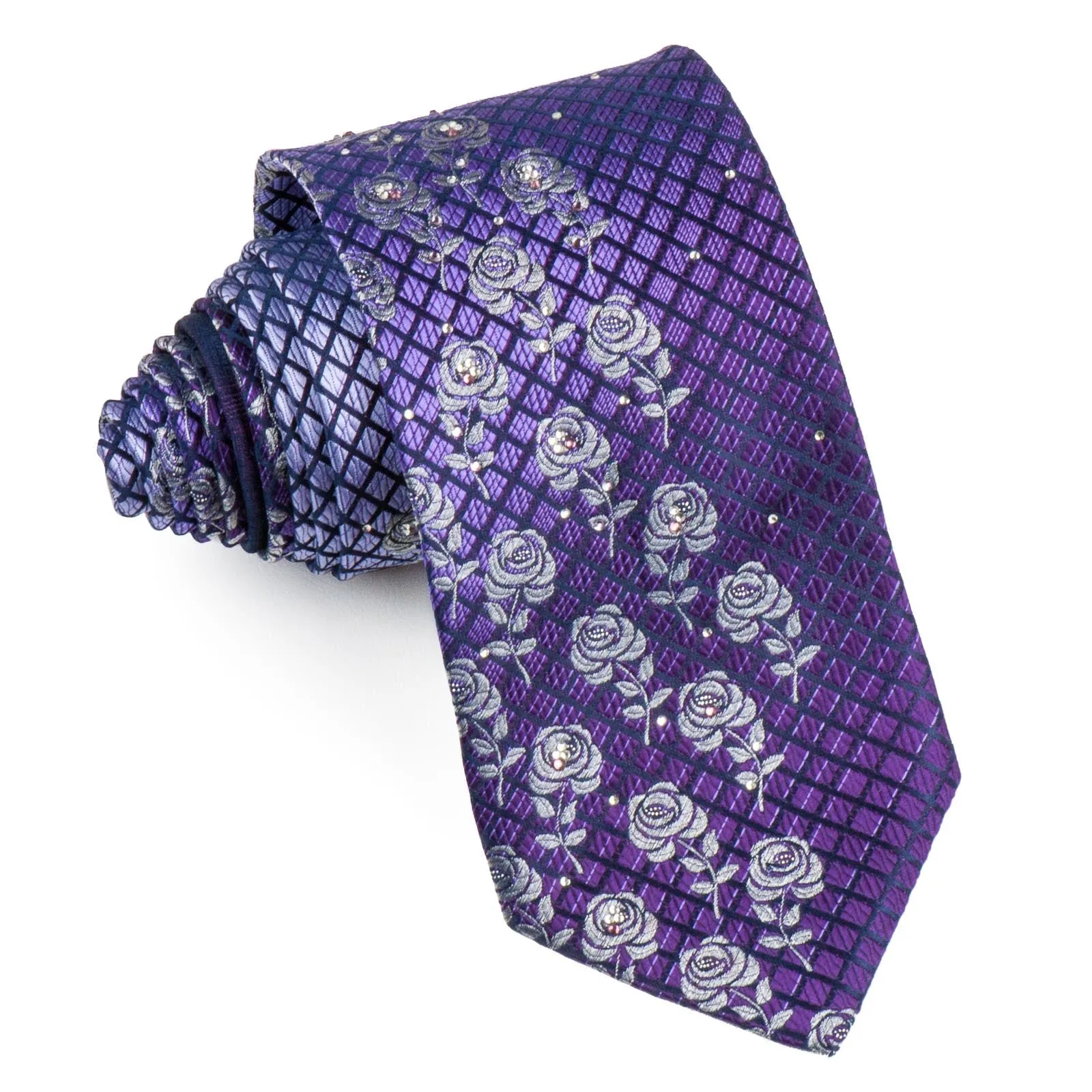TLS Men's Rhinestone Silk Neck Tie Silver Floral Roses On Purple Checked With White Rhinestones