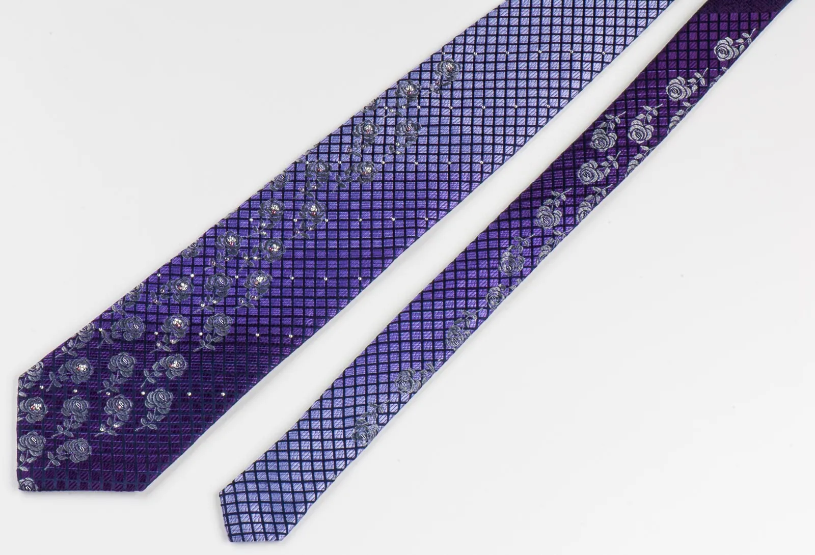 TLS Men's Rhinestone Silk Neck Tie Silver Floral Roses On Purple Checked With White Rhinestones