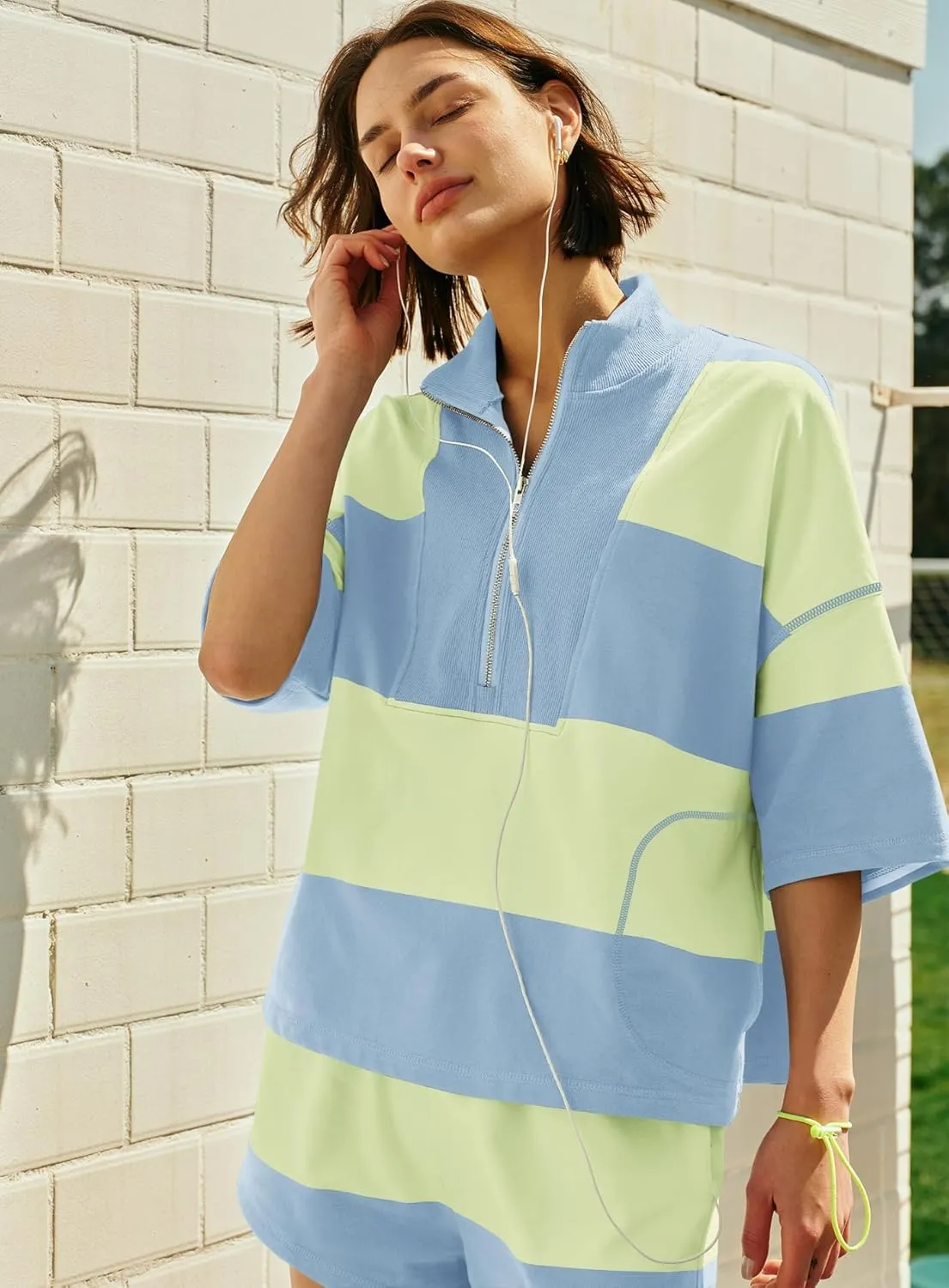 Yanekop Womens 2 Piece Outfits Summer Striped Workout Set Oversized Matching Lounge Sets Quarter Zip Shirt and Shorts