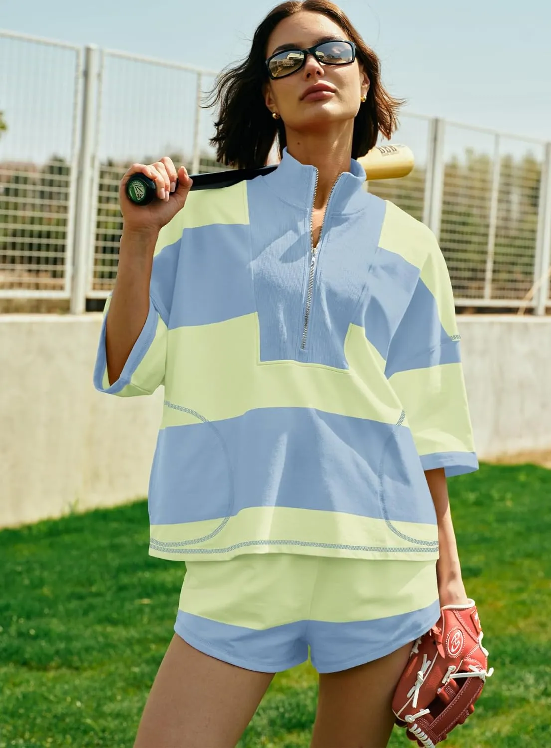Yanekop Womens 2 Piece Outfits Summer Striped Workout Set Oversized Matching Lounge Sets Quarter Zip Shirt and Shorts