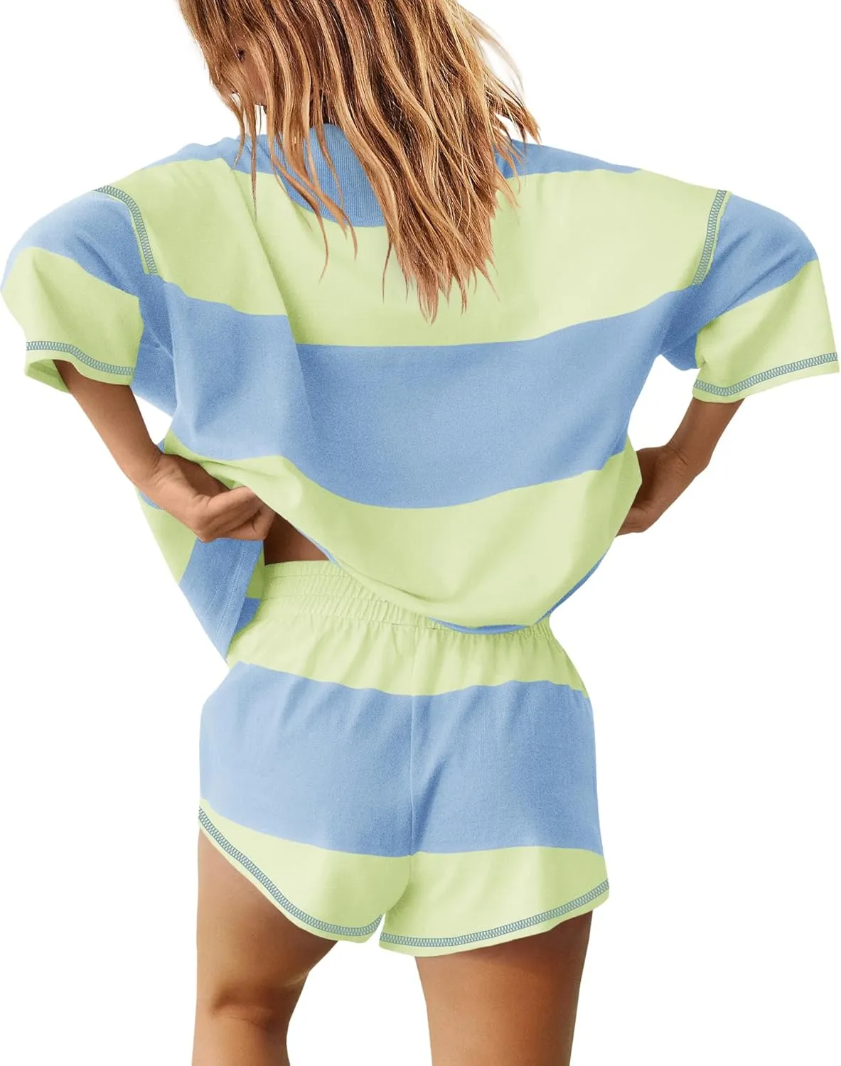 Yanekop Womens 2 Piece Outfits Summer Striped Workout Set Oversized Matching Lounge Sets Quarter Zip Shirt and Shorts
